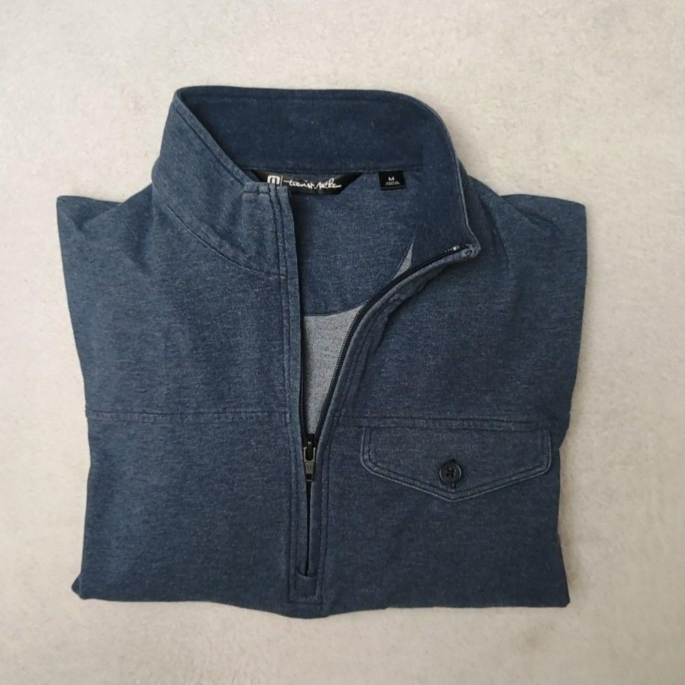 Travis Mathew Pullover Mens M Blue Golf 1/4 Zip Pocket Stretch Long Sleeve Work